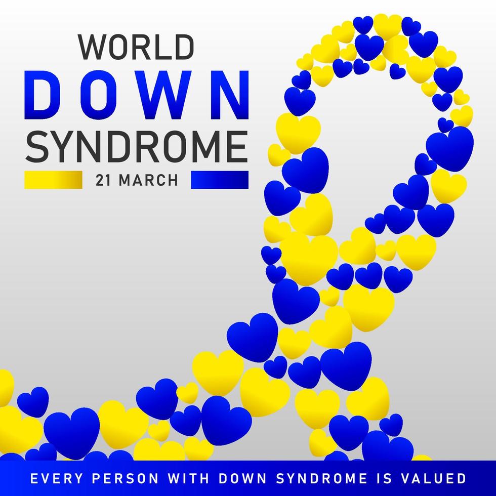 Afiche vectorial del día mundial del síndrome de down con cinta azul y amarilla. cartel social 21 de marzo día mundial del síndrome de down. vector