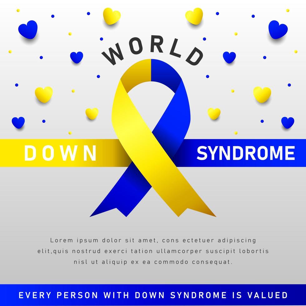 Afiche vectorial del día mundial del síndrome de down con cinta azul y amarilla. cartel social 21 de marzo día mundial del síndrome de down. vector