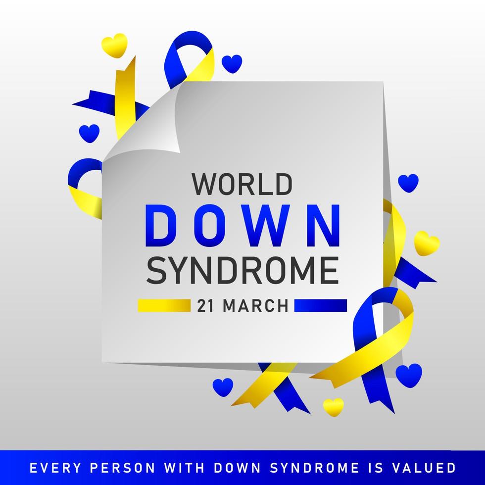 Afiche vectorial del día mundial del síndrome de down con cinta azul y amarilla. cartel social 21 de marzo día mundial del síndrome de down. vector