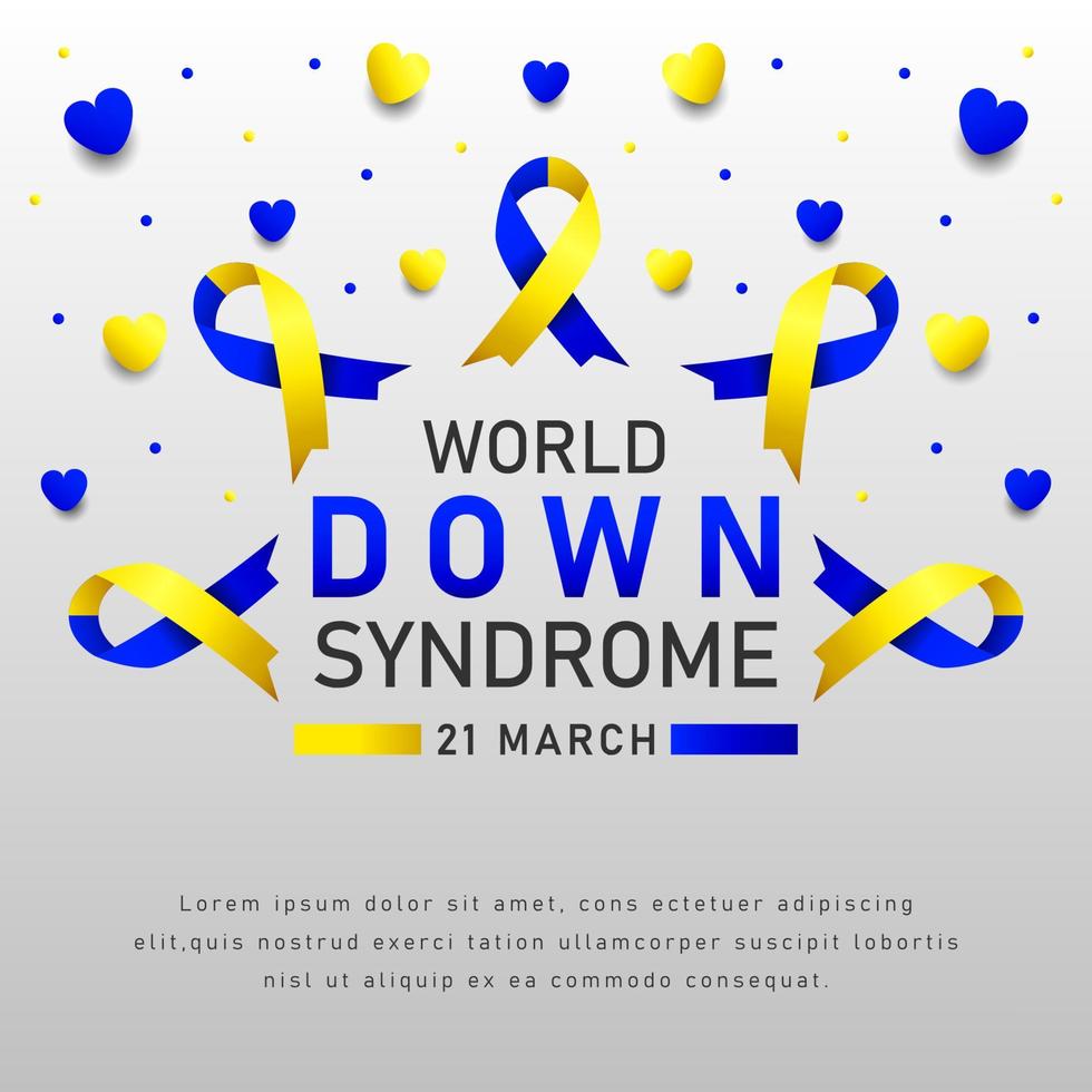 Afiche vectorial del día mundial del síndrome de down con cinta azul y amarilla. cartel social 21 de marzo día mundial del síndrome de down. vector