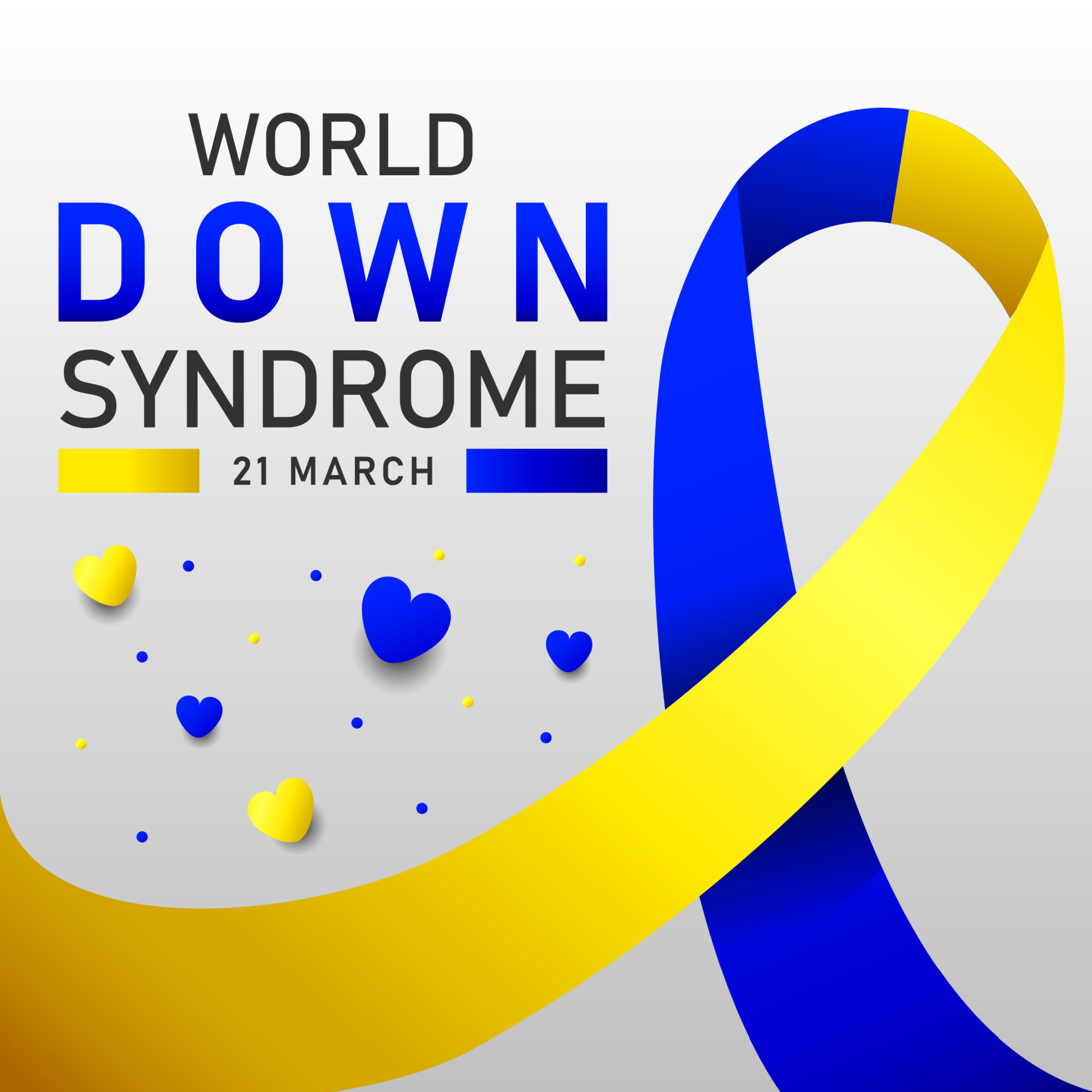 Down syndrome world day vector poster with blue and yellow ribbon