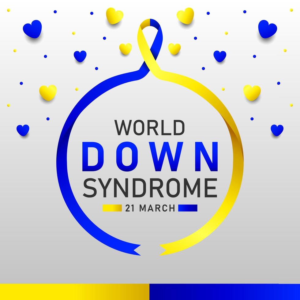 Afiche vectorial del día mundial del síndrome de down con cinta azul y amarilla. cartel social 21 de marzo día mundial del síndrome de down. vector