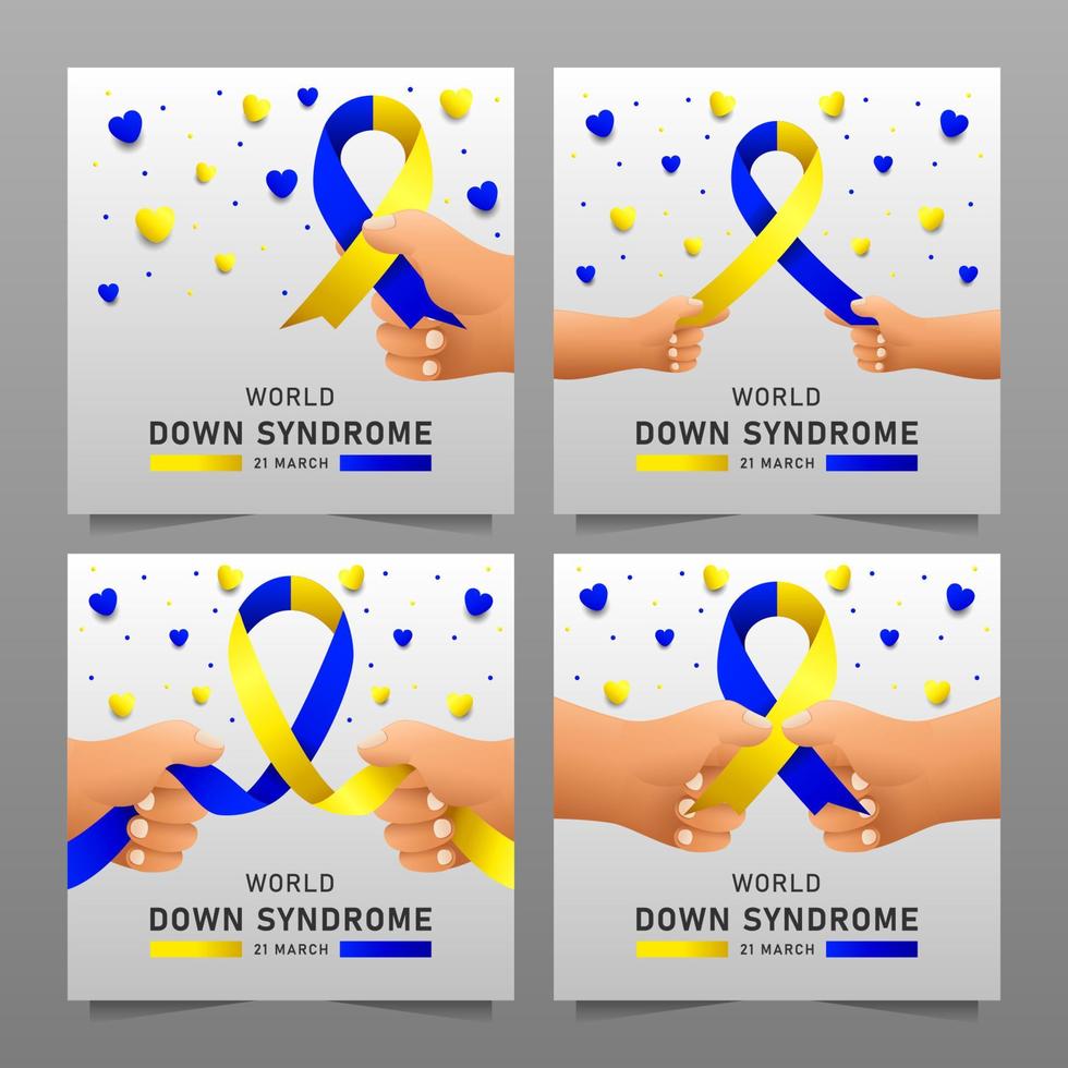 Down syndrome world day vector poster with blue and yellow ribbon. Social poster 21 March World Down Syndrome Day.