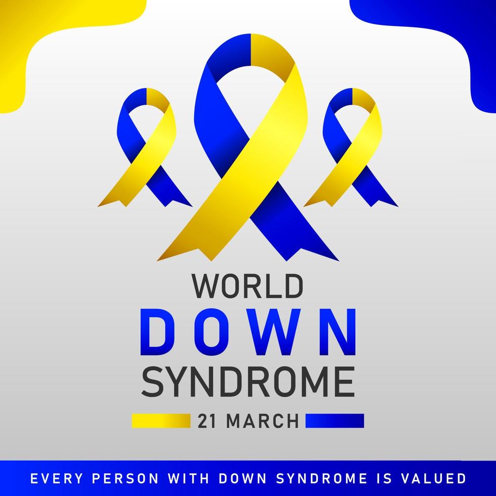 Afiche vectorial del día mundial del síndrome de down con cinta azul y amarilla. cartel social 21 de marzo día mundial del síndrome de down. vector