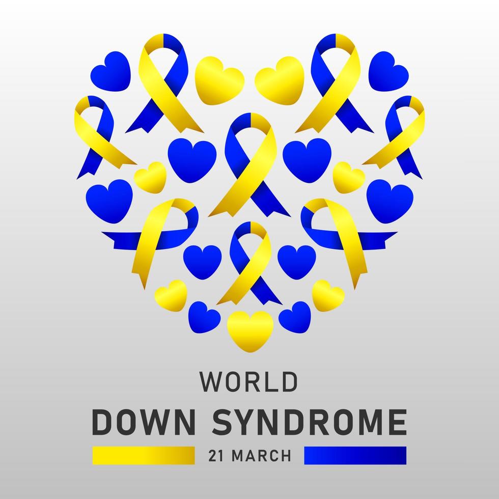 Afiche vectorial del día mundial del síndrome de down con cinta azul y amarilla. cartel social 21 de marzo día mundial del síndrome de down. vector