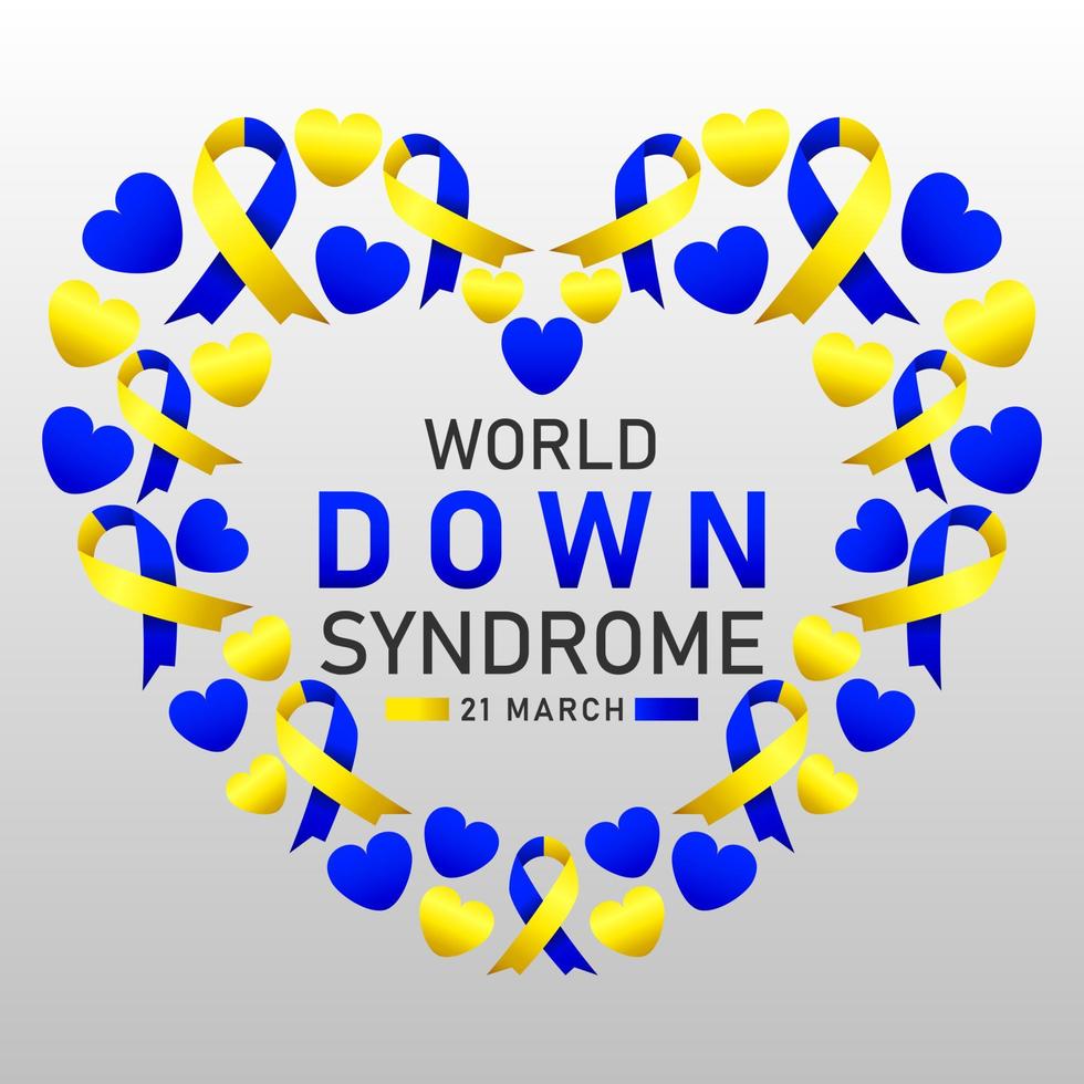 Afiche vectorial del día mundial del síndrome de down con cinta azul y amarilla. cartel social 21 de marzo día mundial del síndrome de down. vector