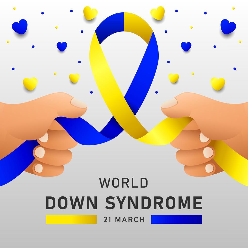 Afiche vectorial del día mundial del síndrome de down con cinta azul y amarilla. cartel social 21 de marzo día mundial del síndrome de down. vector