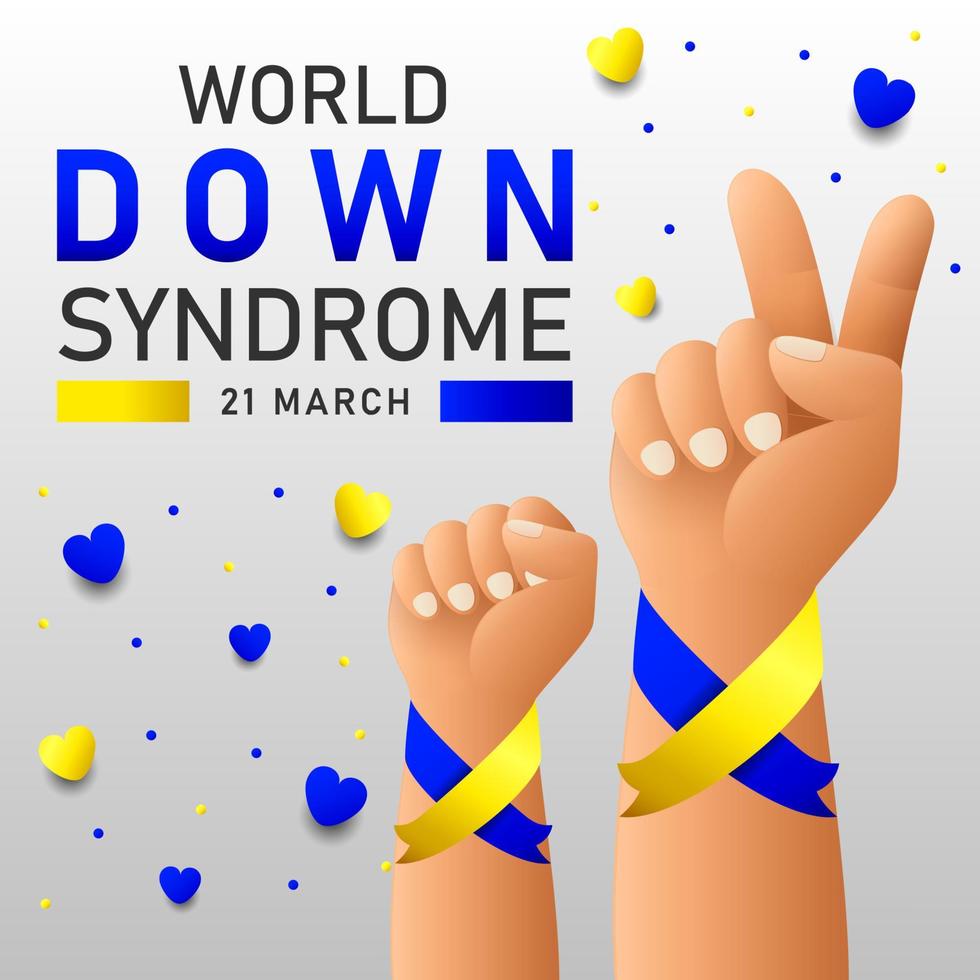 Afiche vectorial del día mundial del síndrome de down con cinta azul y amarilla. cartel social 21 de marzo día mundial del síndrome de down. vector