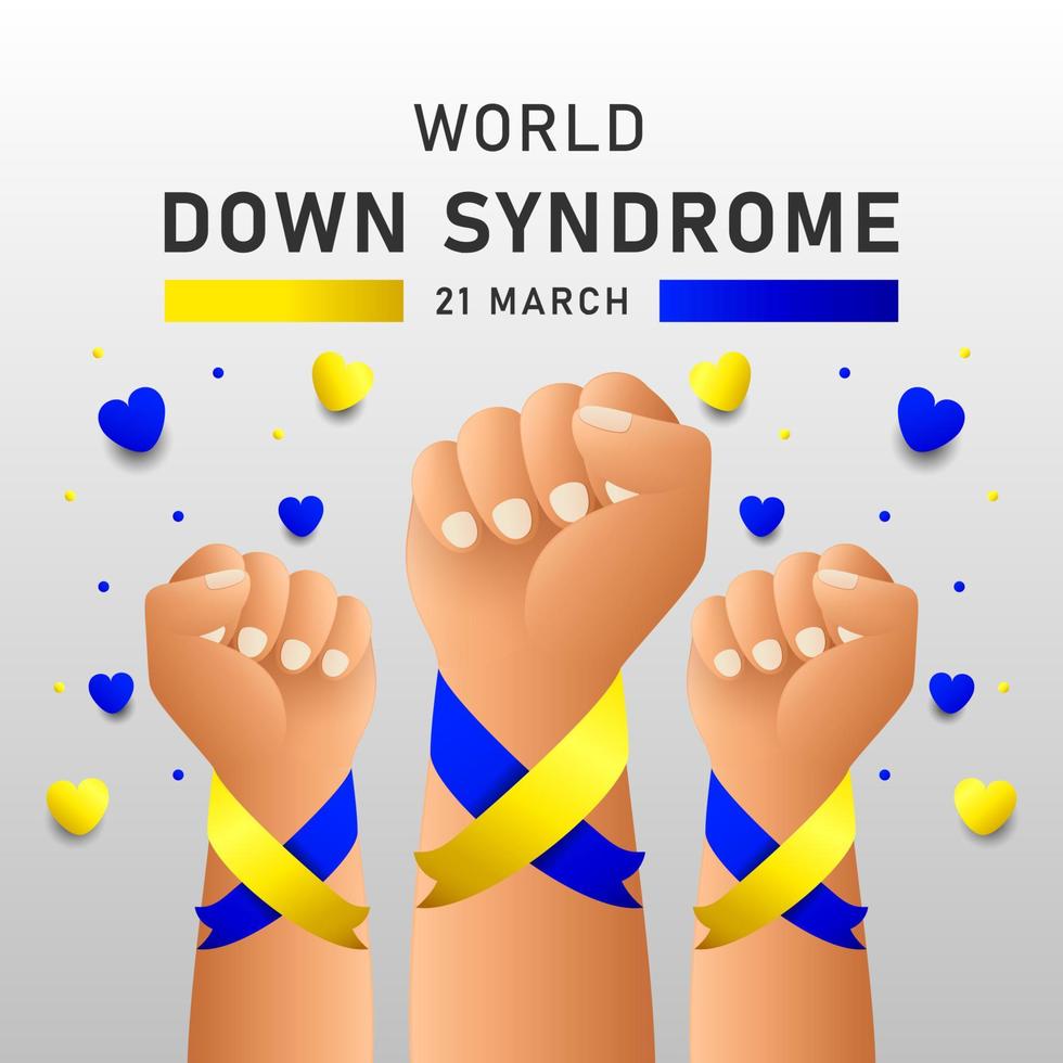 Afiche vectorial del día mundial del síndrome de down con cinta azul y amarilla. cartel social 21 de marzo día mundial del síndrome de down. vector