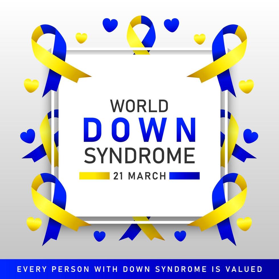 Afiche vectorial del día mundial del síndrome de down con cinta azul y amarilla. cartel social 21 de marzo día mundial del síndrome de down. vector