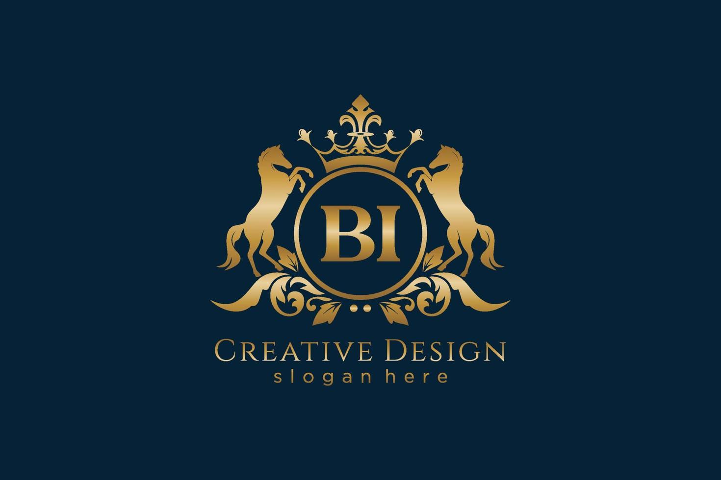 initial BI Retro golden crest with circle and two horses, badge template with scrolls and royal crown - perfect for luxurious branding projects vector