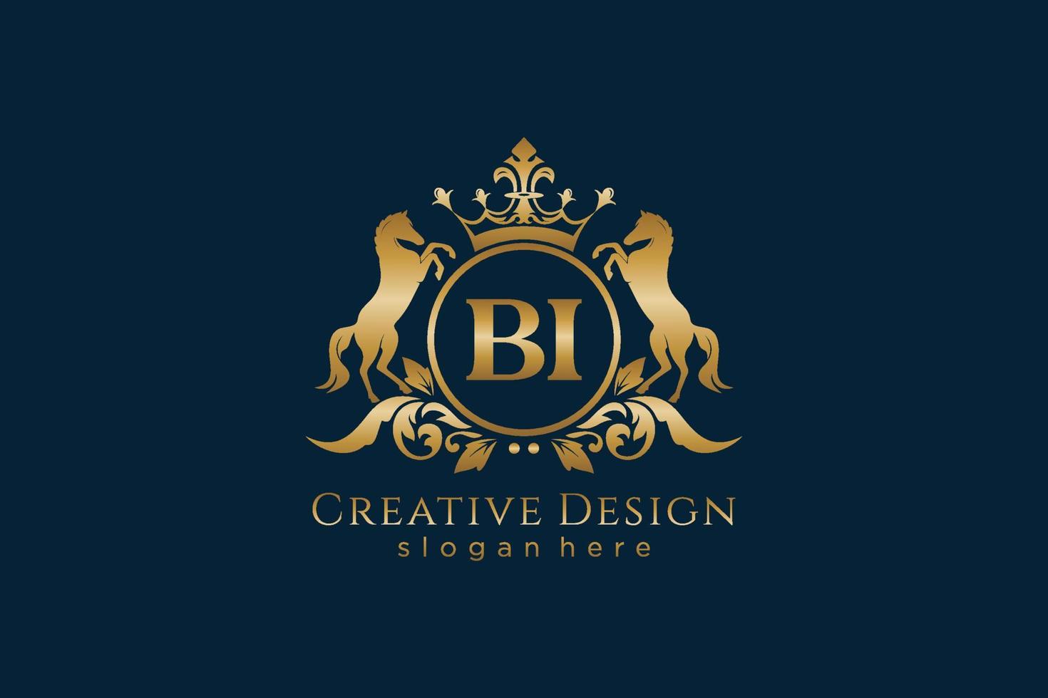 initial BI Retro golden crest with circle and two horses, badge template with scrolls and royal crown - perfect for luxurious branding projects vector