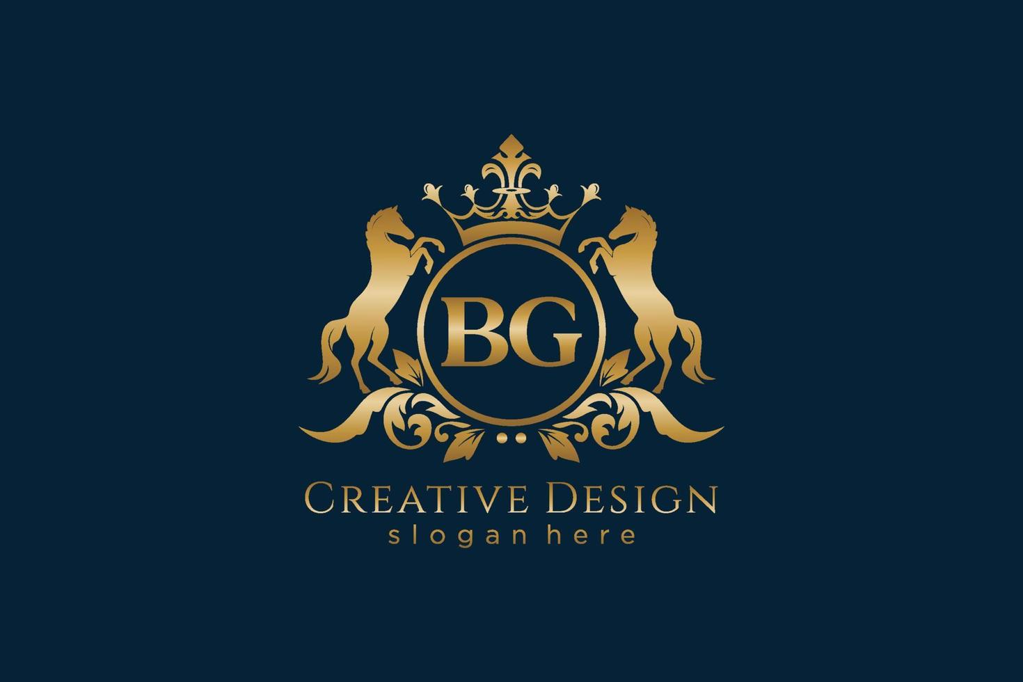 initial BG Retro golden crest with circle and two horses, badge template with scrolls and royal crown - perfect for luxurious branding projects vector