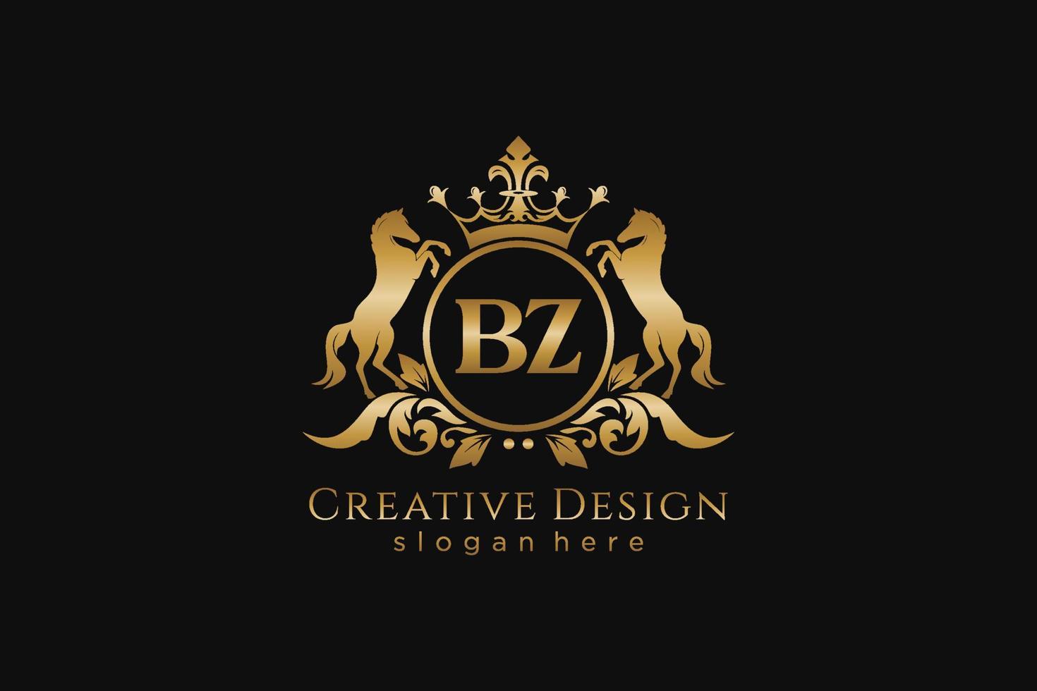initial BZ Retro golden crest with circle and two horses, badge template with scrolls and royal crown - perfect for luxurious branding projects vector