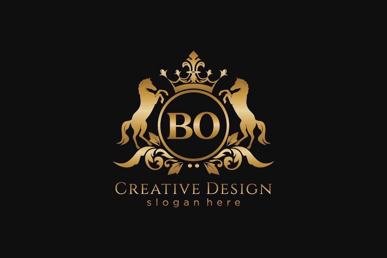 initial BO Retro golden crest with circle and two horses, badge template with scrolls and royal crown - perfect for luxurious branding projects vector