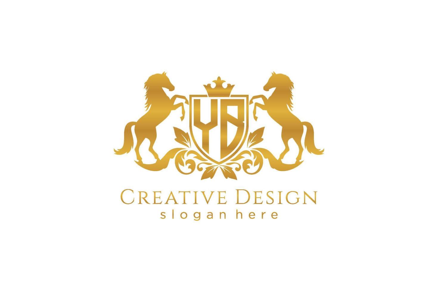 initial YB Retro golden crest with shield and two horses, badge template with scrolls and royal crown - perfect for luxurious branding projects vector