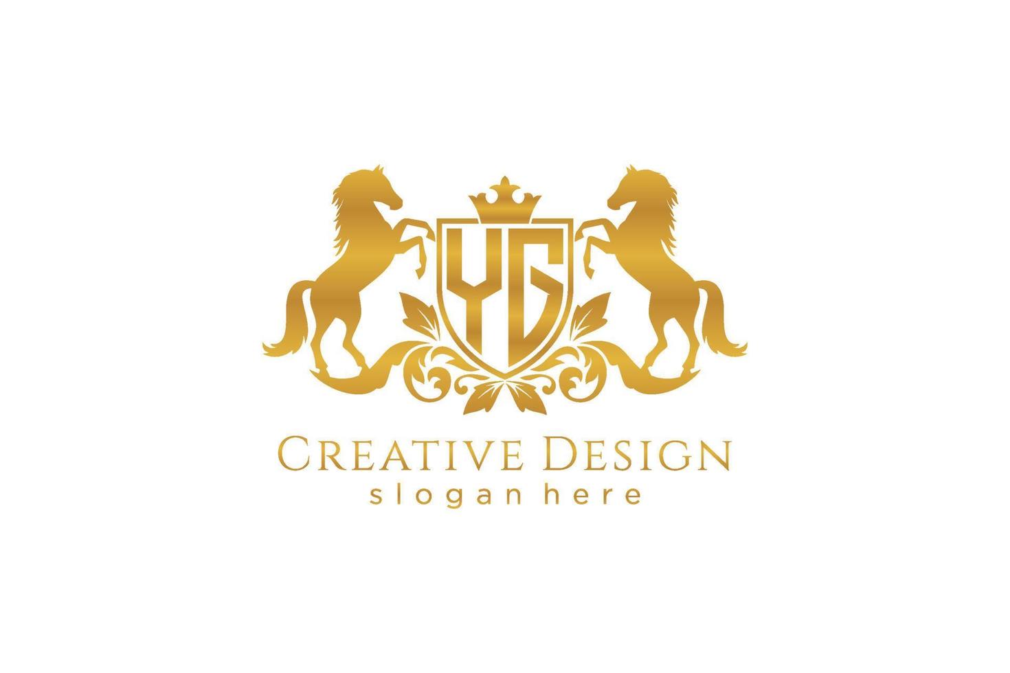 initial YG Retro golden crest with shield and two horses, badge template with scrolls and royal crown - perfect for luxurious branding projects vector