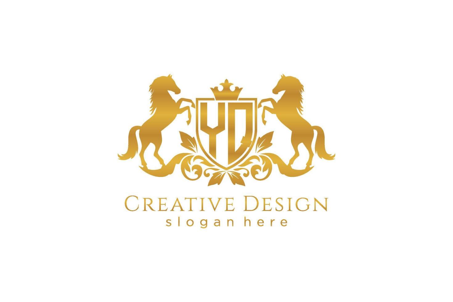 initial YQ Retro golden crest with shield and two horses, badge template with scrolls and royal crown - perfect for luxurious branding projects vector