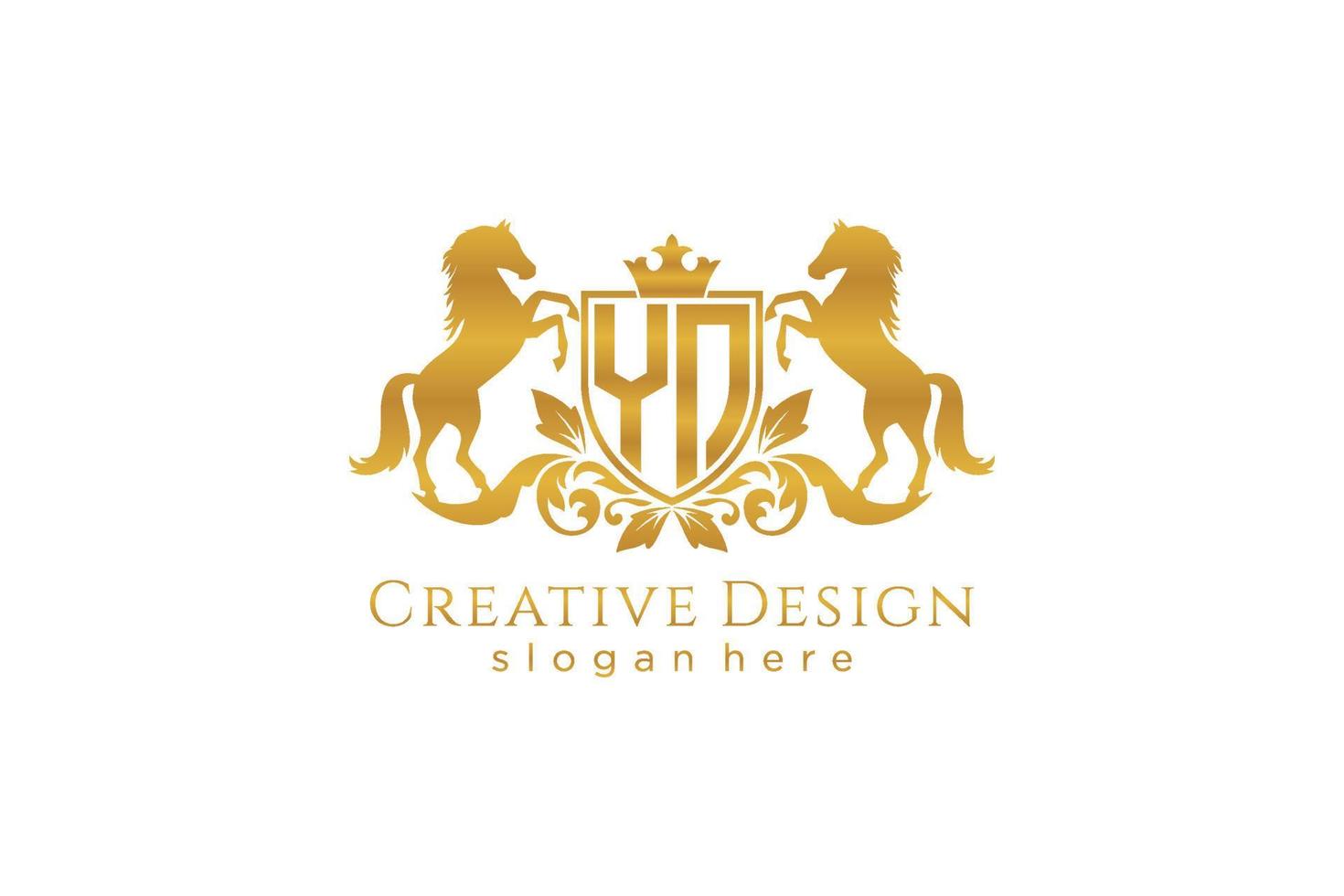 initial YN Retro golden crest with shield and two horses, badge template with scrolls and royal crown - perfect for luxurious branding projects vector