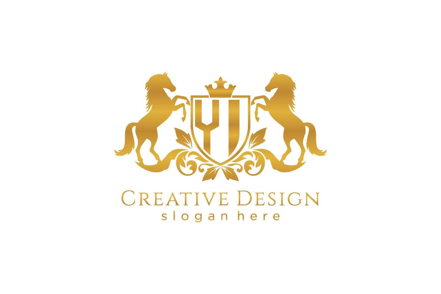 initial YI Retro golden crest with shield and two horses, badge template with scrolls and royal crown - perfect for luxurious branding projects vector