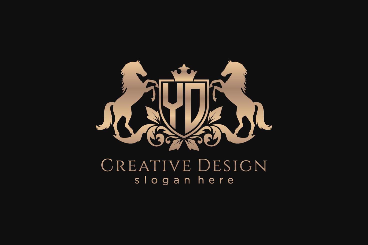 initial YO Retro golden crest with shield and two horses, badge template with scrolls and royal crown - perfect for luxurious branding projects vector