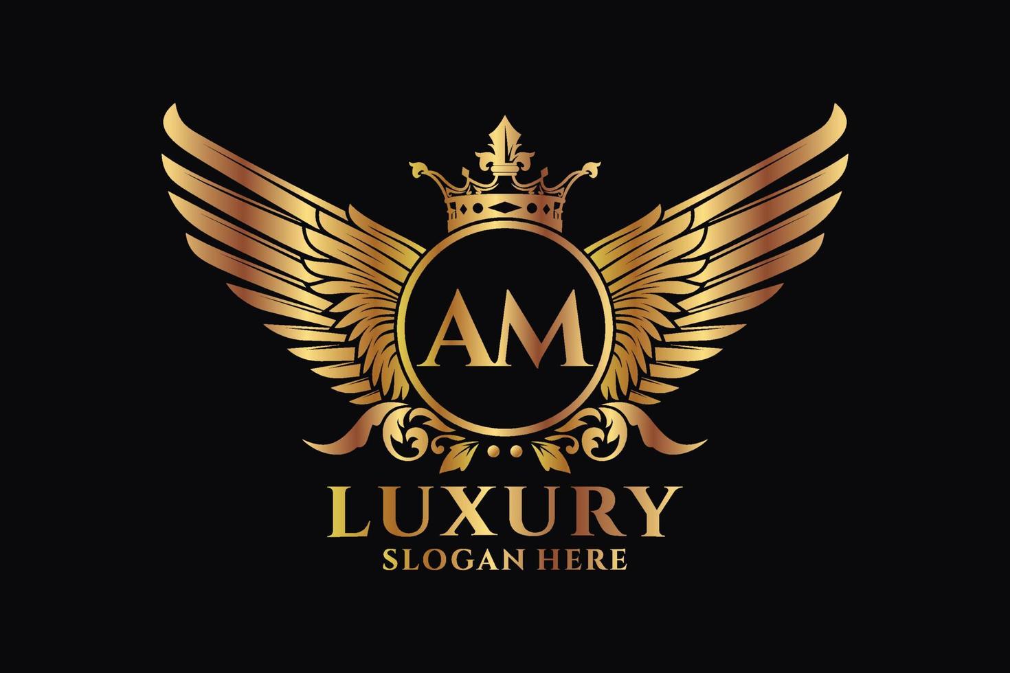 Luxury royal wing Letter AM crest Gold color Logo vector, Victory logo, crest logo, wing logo, vector logo template.