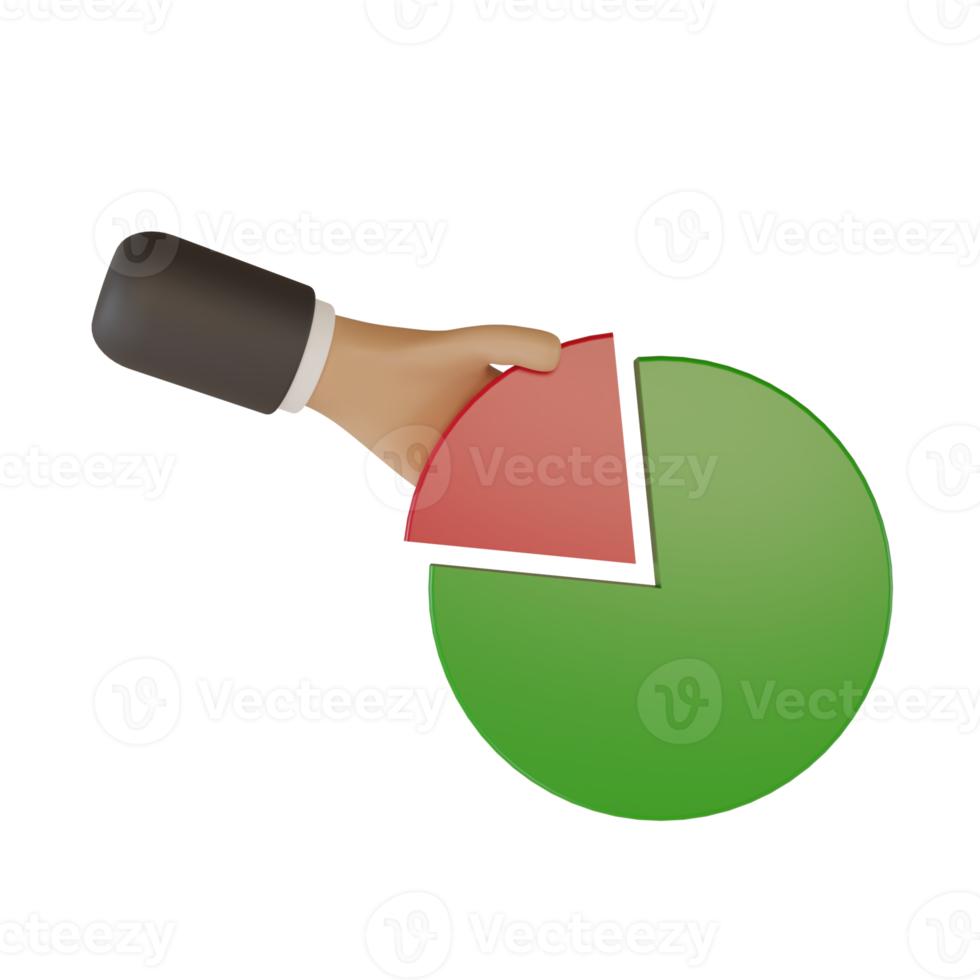 3d mão de um empresário pegando uma fatia de torta, conceito de um fiscal cobrando impostos ou obtendo lucro, gráfico de pizza png