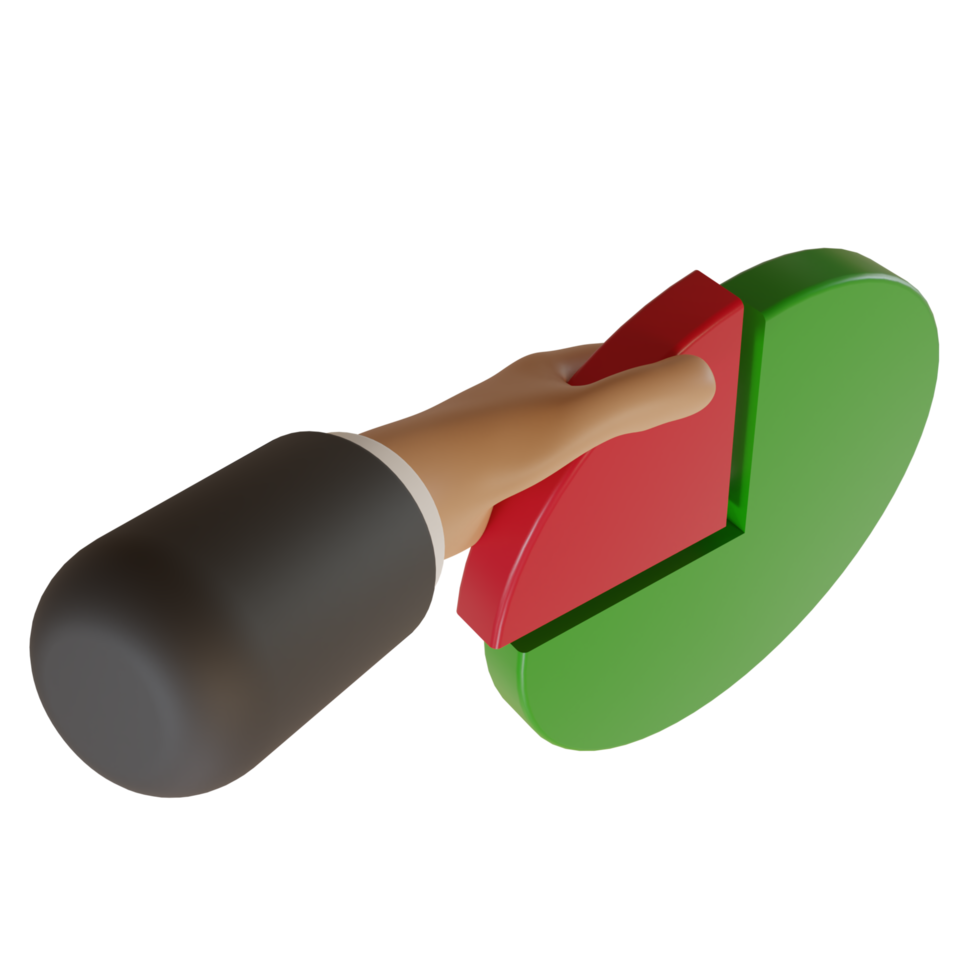 3d mão de um empresário pegando uma fatia de torta, conceito de um fiscal cobrando impostos ou obtendo lucro, gráfico de pizza png