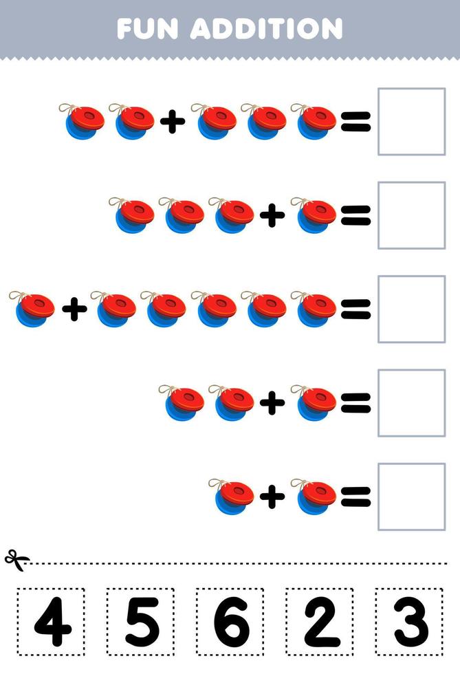 Education game for children fun addition by cut and match correct number for cartoon music instrument castanet printable worksheet vector