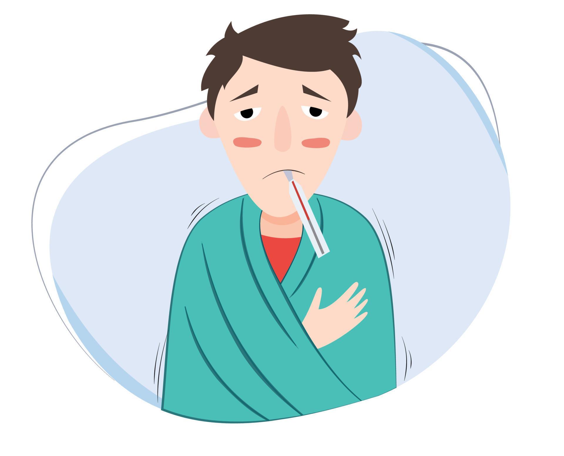 illustration of sick person with fever using blanket and thermometer in