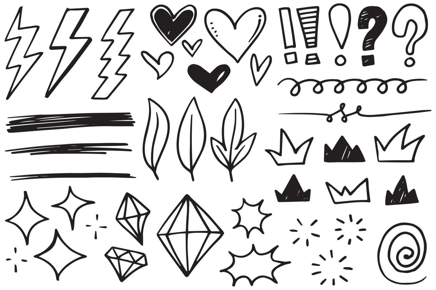 Doodle lines, arrows, circles, crowns, lightning, explosions, brushes, diamonds and vector curves. Hand drawn design elements isolated on a white background for infographics. vector illustration.