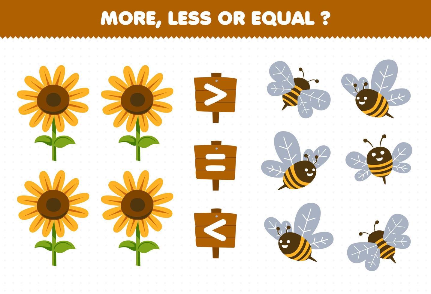 Education game for children more less or equal count the amount of cute cartoon bee and sunflower printable farm worksheet vector