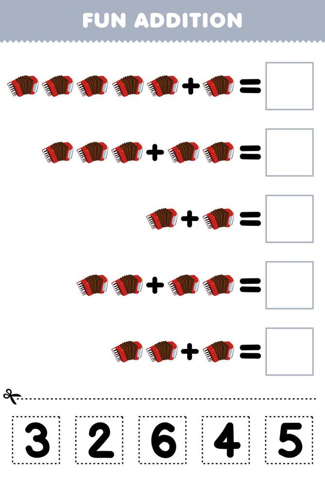 Education game for children fun addition by cut and match correct number for cartoon music instrument accordion printable worksheet vector