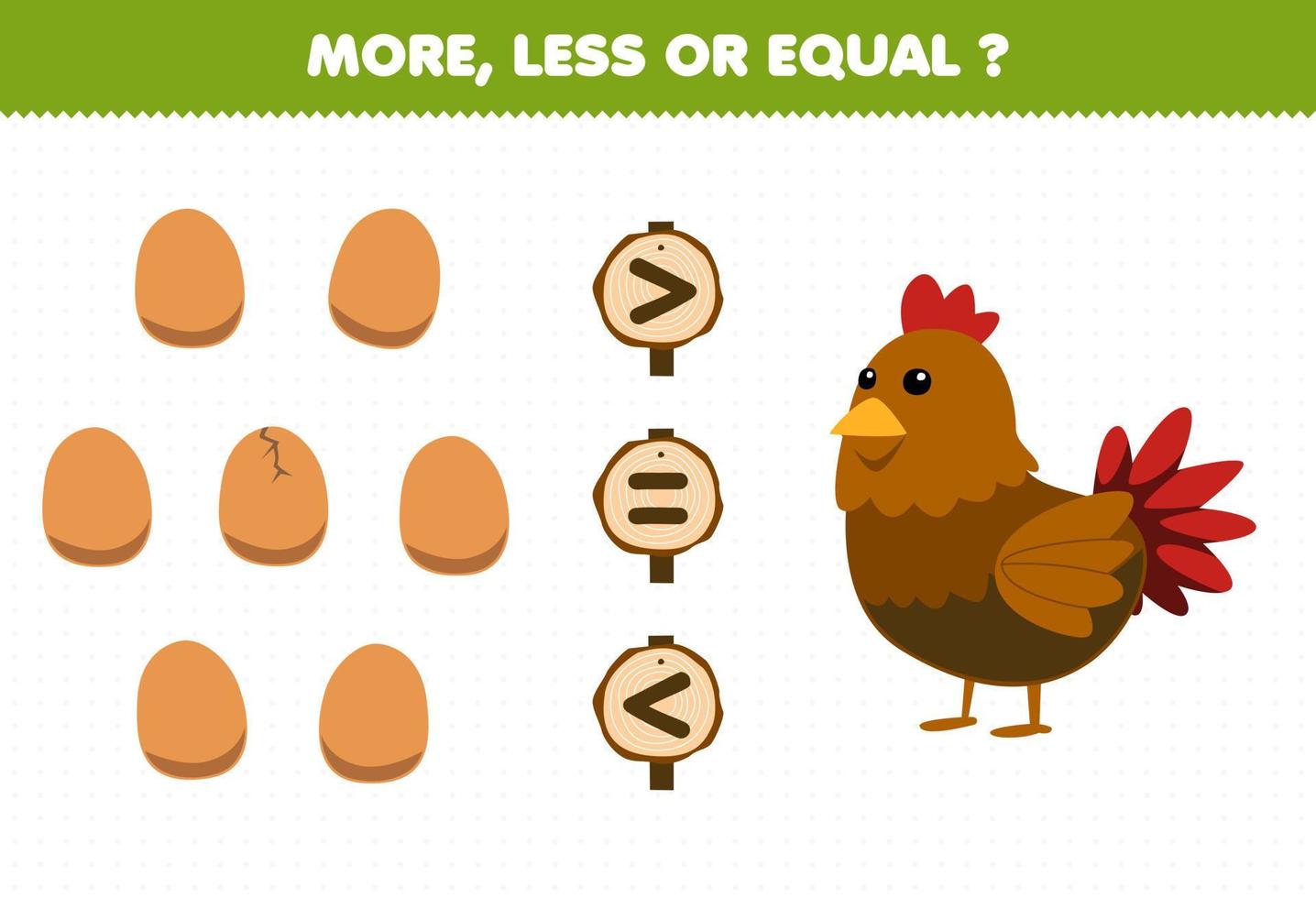 Education game for children more less or equal count the amount of cute cartoon egg and chicken hen printable farm worksheet vector