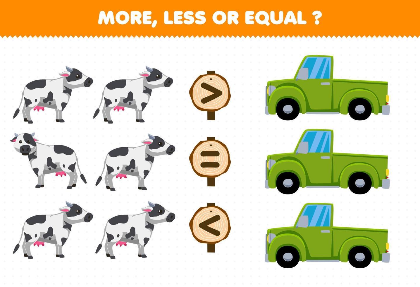 Education game for children more less or equal count the amount of cute cartoon cow and pickup truck printable farm worksheet vector