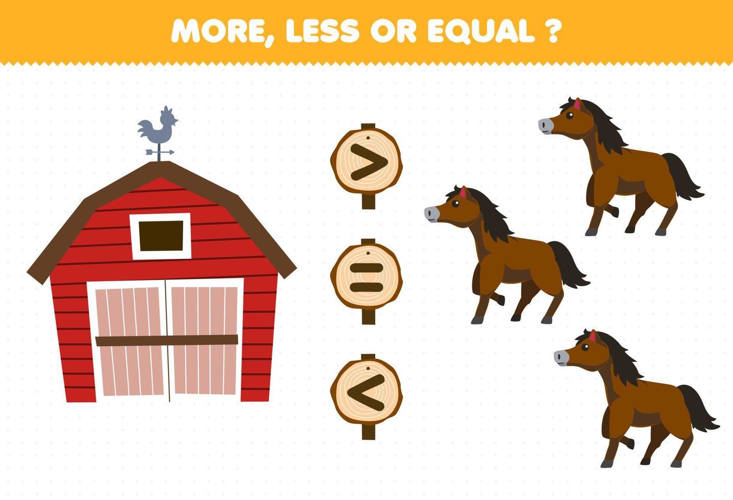 Education game for children more less or equal count the amount of cute cartoon barn and horse printable farm worksheet vector