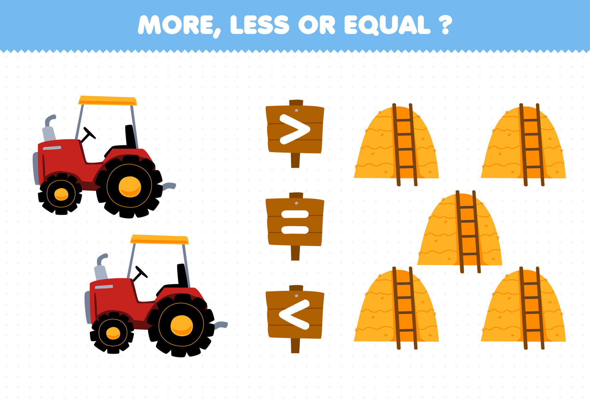 Education game for children more less or equal count the amount of cute cartoon  tractor and haystack printable farm worksheet 12595219 Vector Art at  Vecteezy
