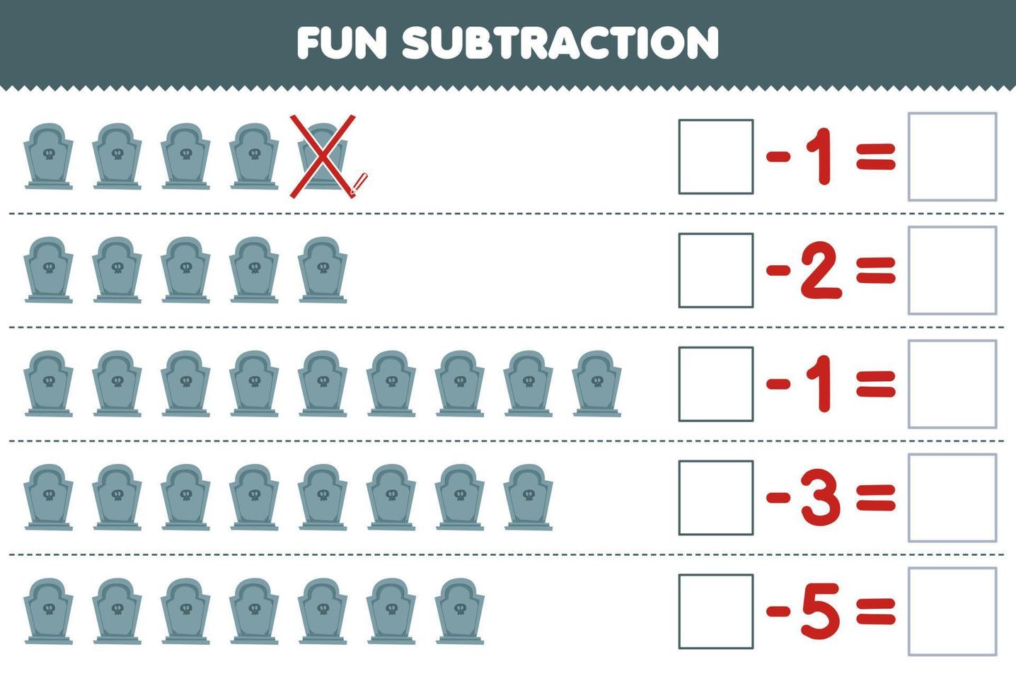 Education game for children fun subtraction by counting cute cartoon gray tombstone in each row and eliminating it printable halloween worksheet vector