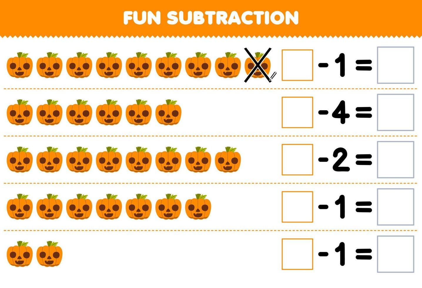 juego educativo para niños diversión resta contando linda calabaza naranja de dibujos animados en cada fila y eliminándola hoja de trabajo imprimible de halloween vector