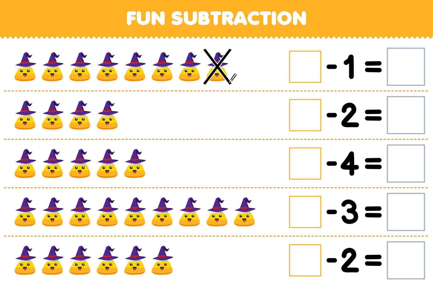 Education game for children fun subtraction by counting cute cartoon yellow corn candy in each row and eliminating it printable halloween worksheet vector