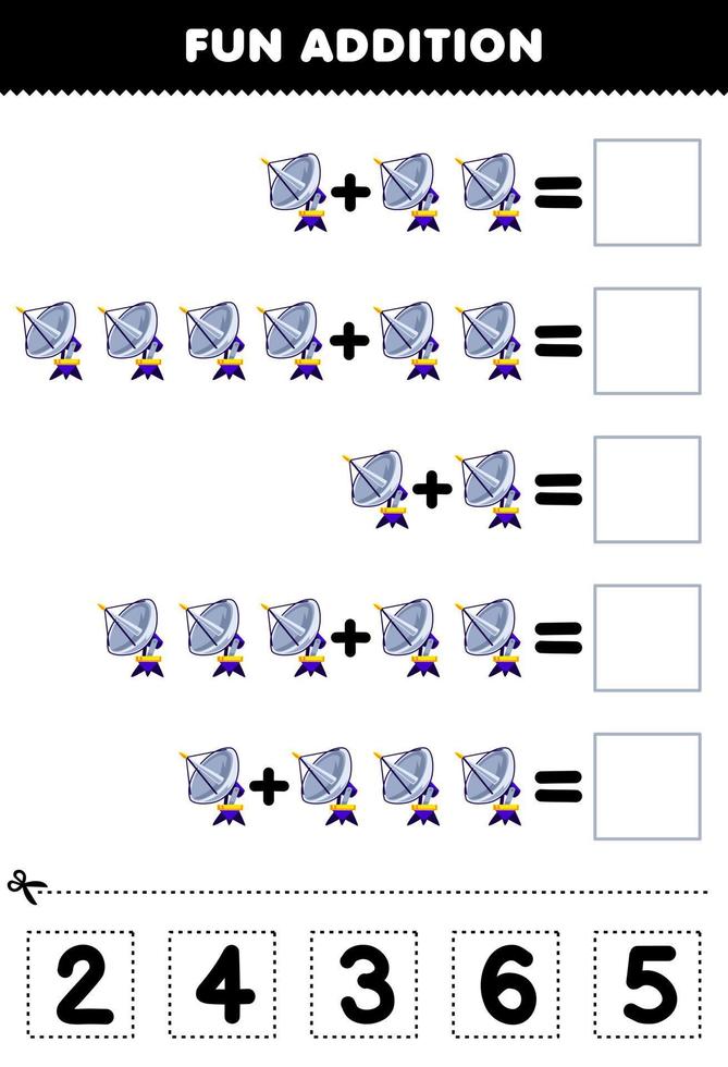 juego educativo para niños divertido además de cortar y combinar el número correcto para la hoja de trabajo imprimible del sistema solar de radar de dibujos animados lindo vector