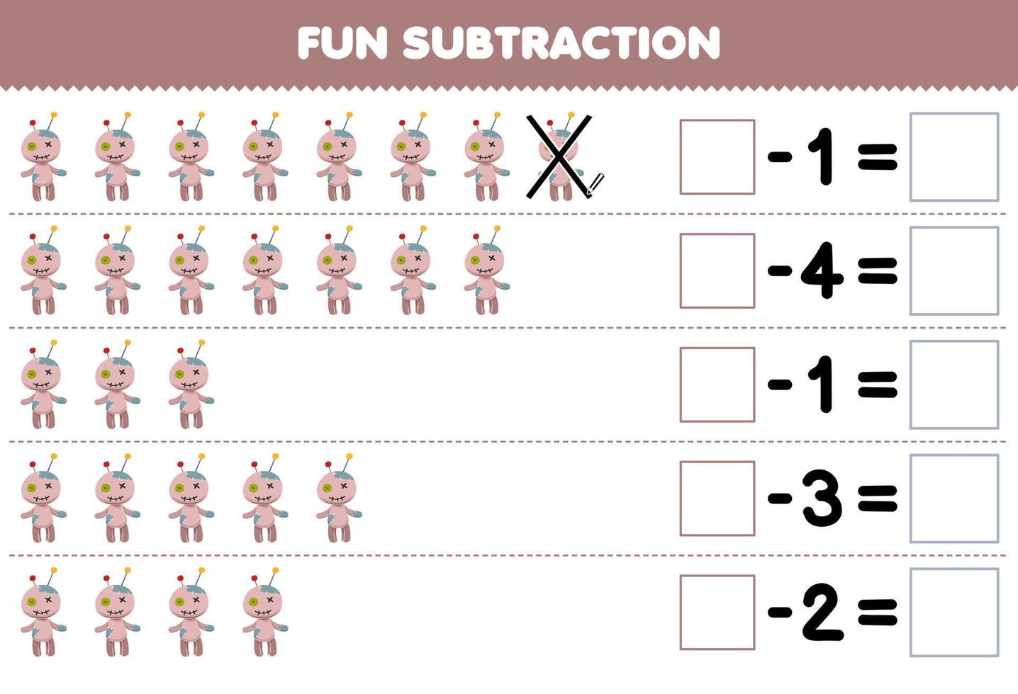 Education game for children fun subtraction by counting cute cartoon voodoo doll in each row and eliminating it printable halloween worksheet vector