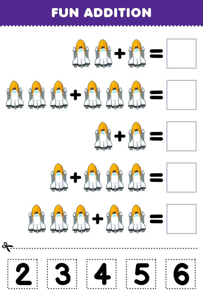 Education game for children fun addition by cut and match correct number for cute cartoon spaceship printable solar system worksheet vector