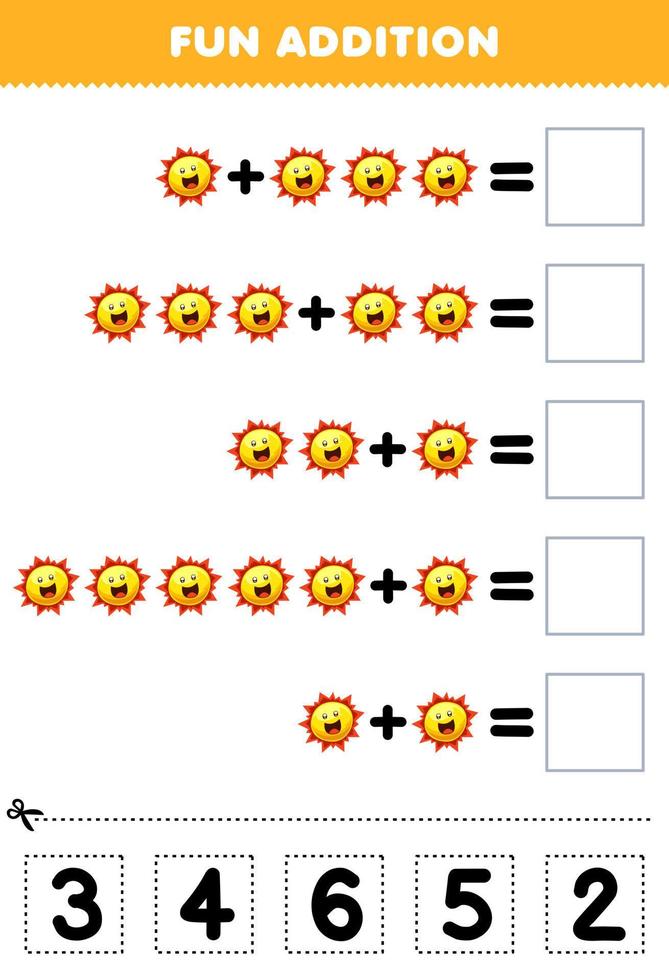Education game for children fun addition by cut and match correct number for cute cartoon sun printable solar system worksheet vector