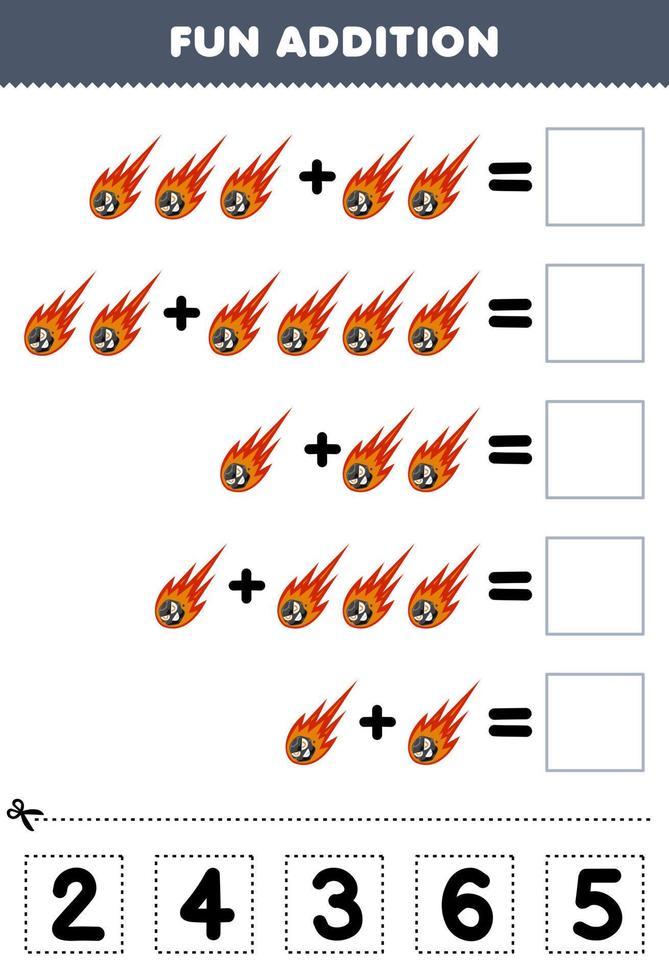 Education game for children fun addition by cut and match correct number for cute cartoon comet printable solar system worksheet vector