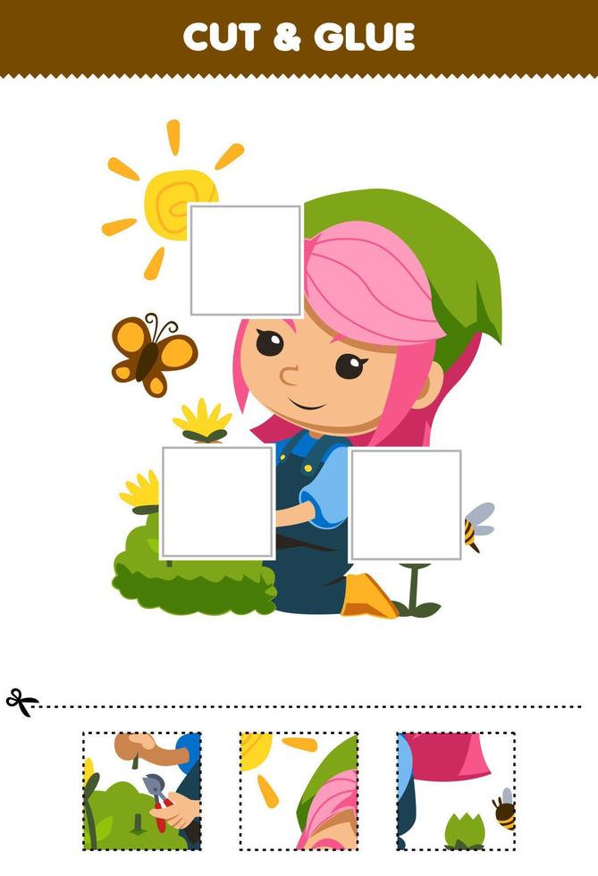 juego educativo para niños corte y pegue partes cortadas de una linda floristería de dibujos animados recogiendo flores junto a la hoja de trabajo imprimible de la granja de mariposas y abejas vector