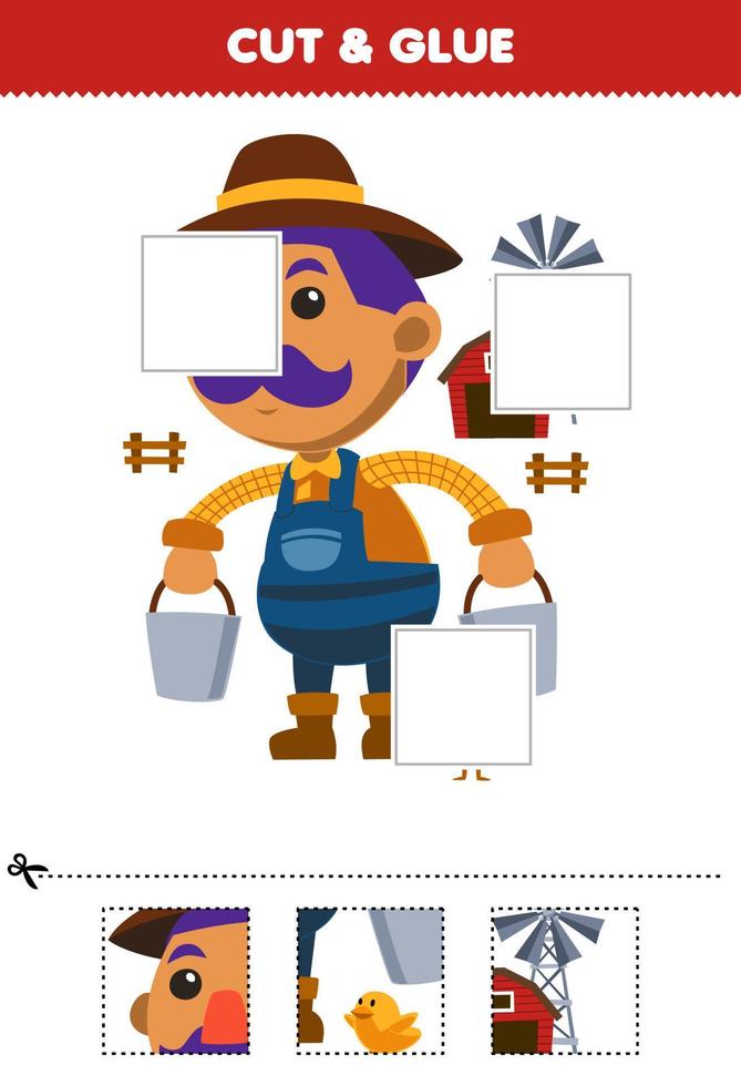 juego educativo para niños cortar y pegar partes cortadas de un lindo granjero de dibujos animados que lleva un balde frente al granero hoja de trabajo imprimible de la granja vector
