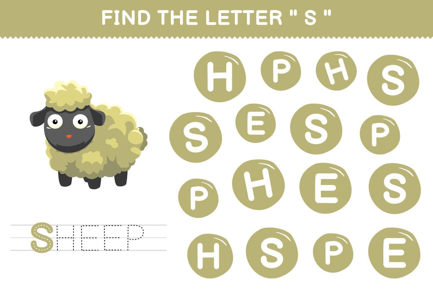 Education game for children find the letter S with cute cartoon animal sheep printable worksheet vector