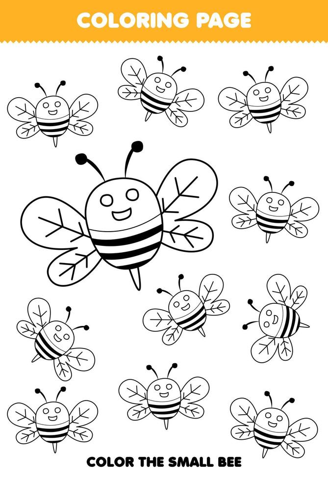 Education game for children coloring page big or small picture of cute cartoon bee line art printable farm worksheet vector