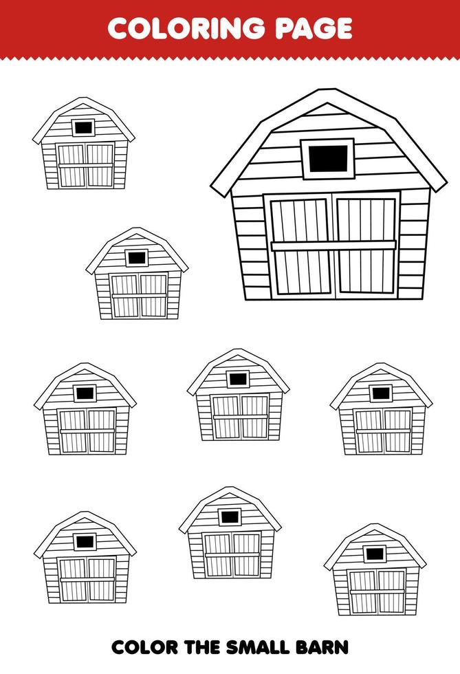 Education game for children coloring page big or small picture of cute cartoon barn line art printable farm worksheet vector